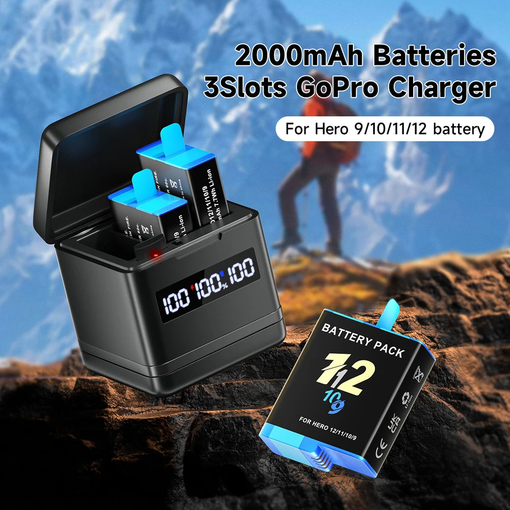 PALO 2000mAh Rechargeable Battery For GoPro Hero 12 11 10 9 with 3-channel LCD fast charger for Go Pro 12/11/10/9 camera Battery