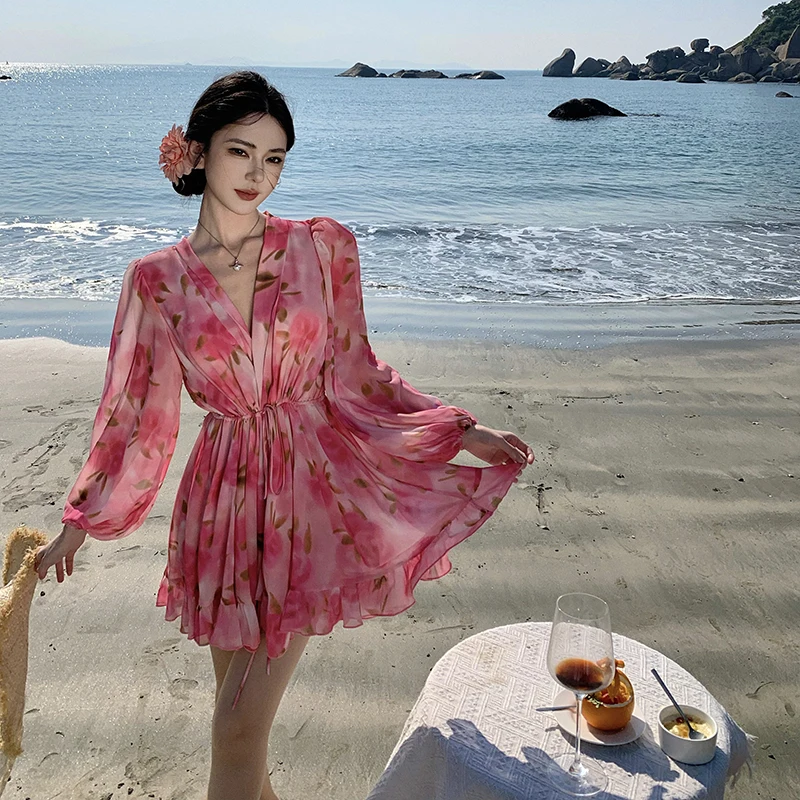 Retro Lace Trim Pink Lantern Sve Floral Waist Cinched ort Skirt Beach Vaion Chiffon Dr Women's Faion Summer 2025