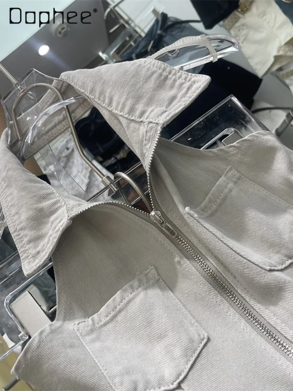 Chic Trend Vielseitig Babes Revers Zipper Denim Overall Mode Hot Girl Sexy Ärmellose Hohe Taille Breite Bein Shorts Frauen Sommer