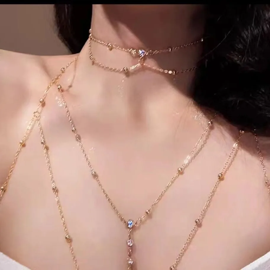 Flash Diamond Pendant Fringed Necklace Chest Chain Summer Sexy Pure Desire Beach Casual Body Chains Wear Party Accessories