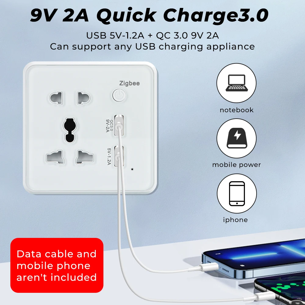 EU UK US Universal Plug Tuya ZigBee Smart Socket Quick Charge 3.0 USB Port Wall Glass Power Outlet Smart Life for Alexa Google