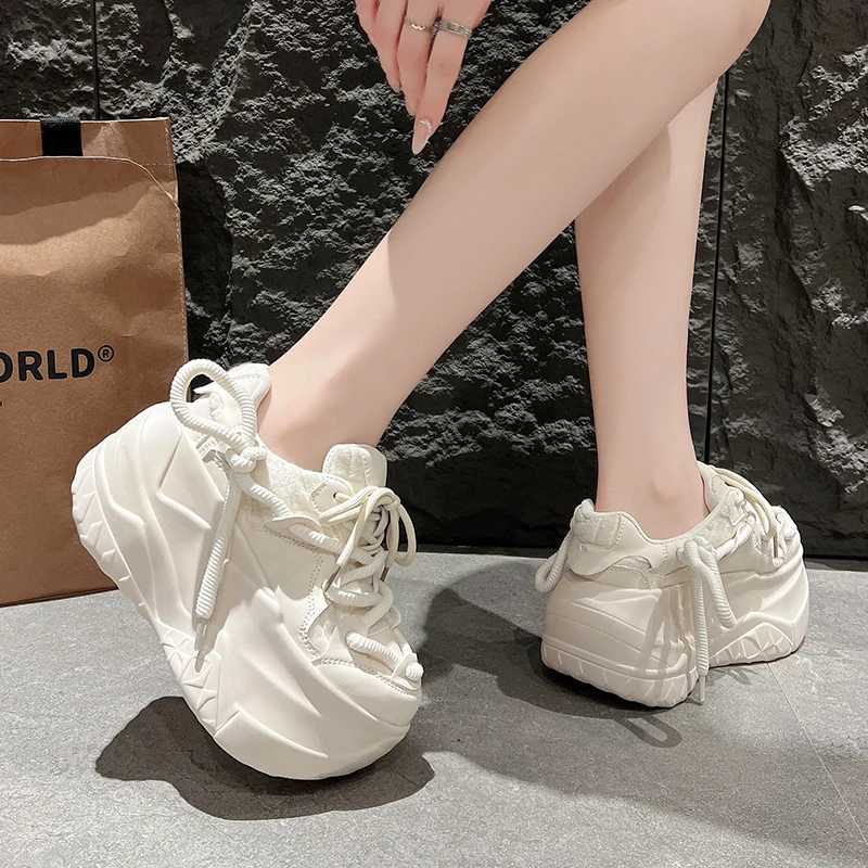 9.5CM Women Thick Leather Sneakers New Autumn High Platform Dad Shoes Women Casual Trainer Sneakers Thick Sole Vulcanize Shoes