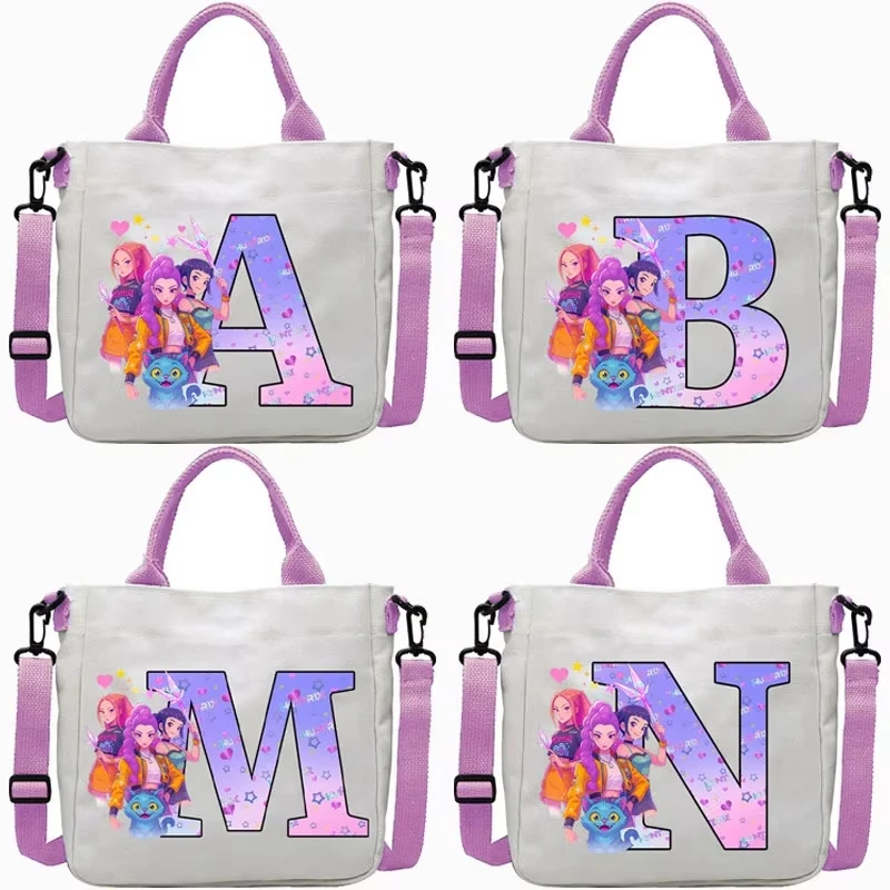 

KPop Demon Hunters Canvas Shoulder Bag for Boys Girls Cartoon Letter Printed Crossbody Pouch Students Portable Fashion Handbag