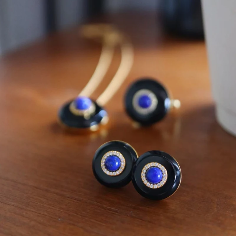 

MIQIAO S925 Silver Natural Black Shell Lapis Lazuli Retro Black Ring Stud Earrings Pendant Necklace Set Fine Jewelry