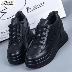 Hidden Heels Women Platform Wedge Sneakers Ladies Leather  White BLACK Shoes Female Tenis Feminino Casual 40