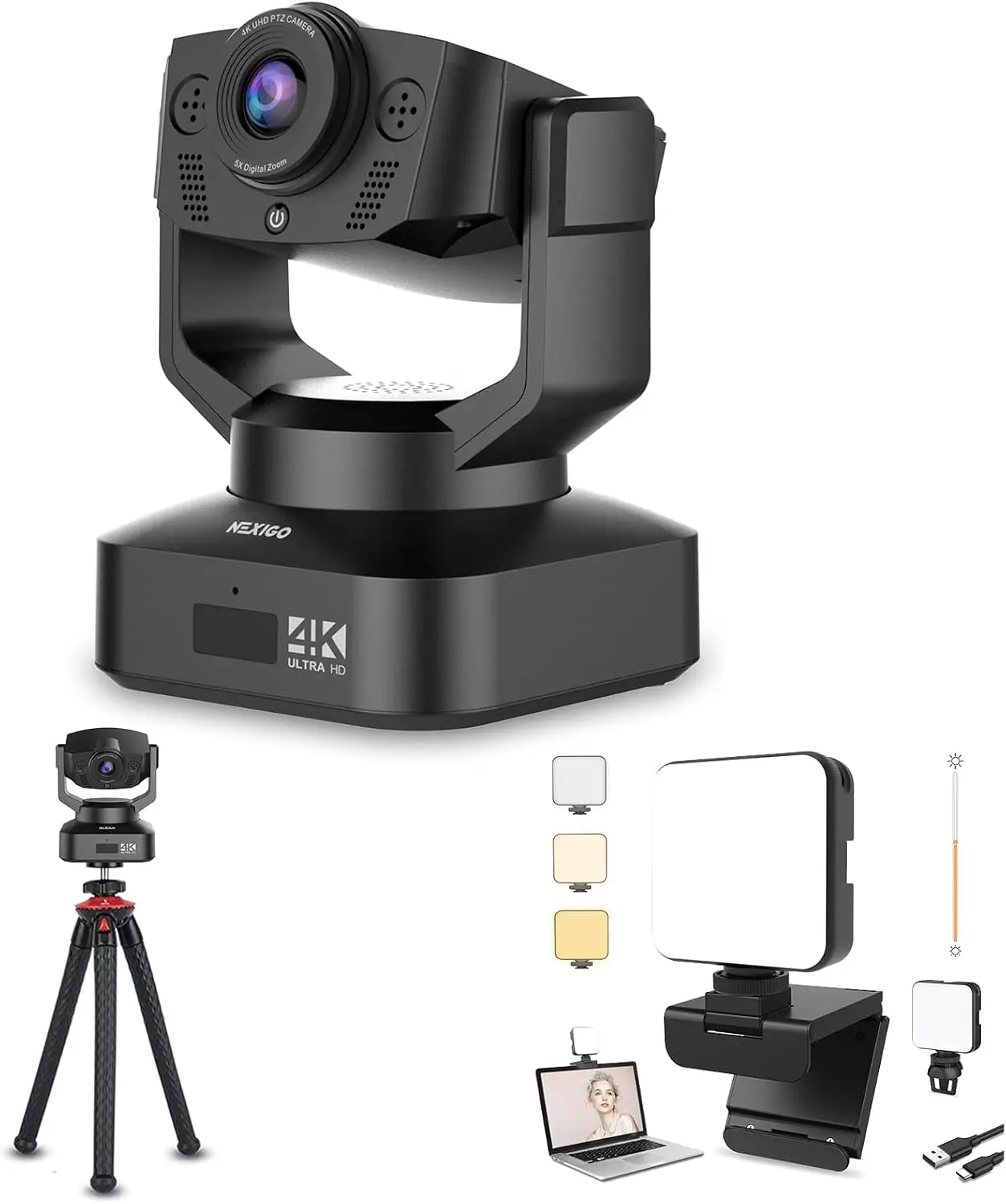 4K PTZ Webcam with Zoom and Flexible Tripod
