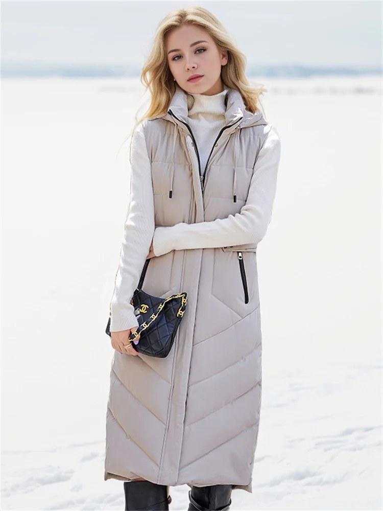 Fall-Winter 2024 New Women\'s Jacket With Long Cotton Waistcoat Vogue Over-The-Knee Hooded Padded Sleeveless Vest Warm Coats