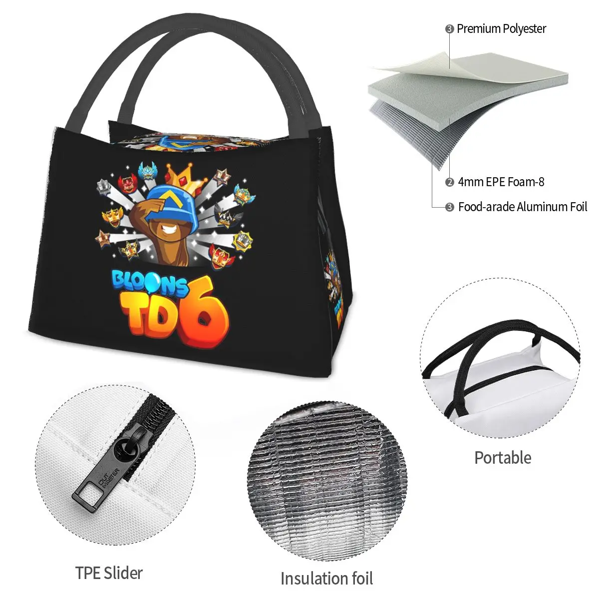 Bloons Td 6 Borse per il pranzo per bambini Bento Box isolato Borsa per il pranzo impermeabile Borse da picnic Borsa termica per donna Studente Viaggio