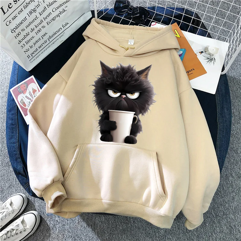 Graphic Hip Hop Sweatshirt Hot Funny Black Cat Print Hoodies for Women Men Mange Gothic Hoody Casual Vintage Streetwear Clothes