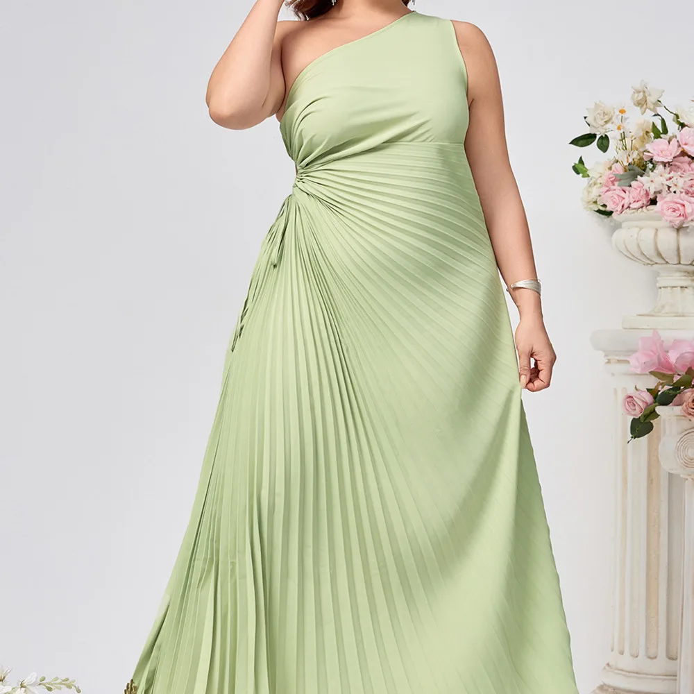 Plus Size Women's Spring And Summer Elegant Folded Sleeveless Dress Single Shoulder High Waist Hollow Out Dress 2025 New