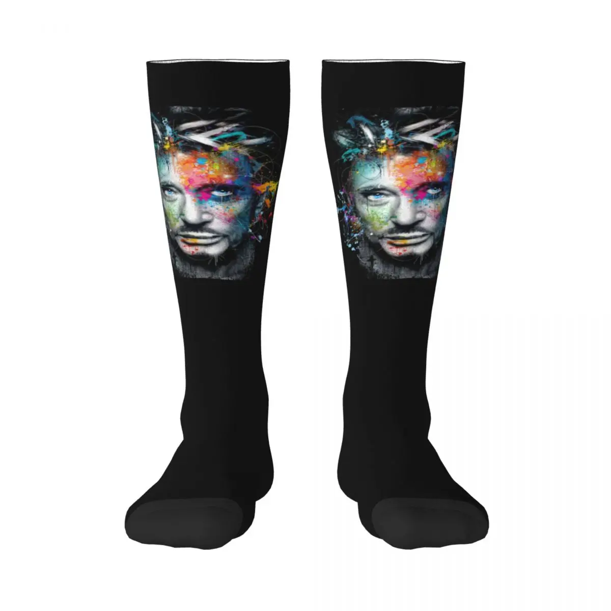 Novelty Printed Johnny Hallyday Socks for Girl Women Stretchy Sports Knee High French France Singer Stockings