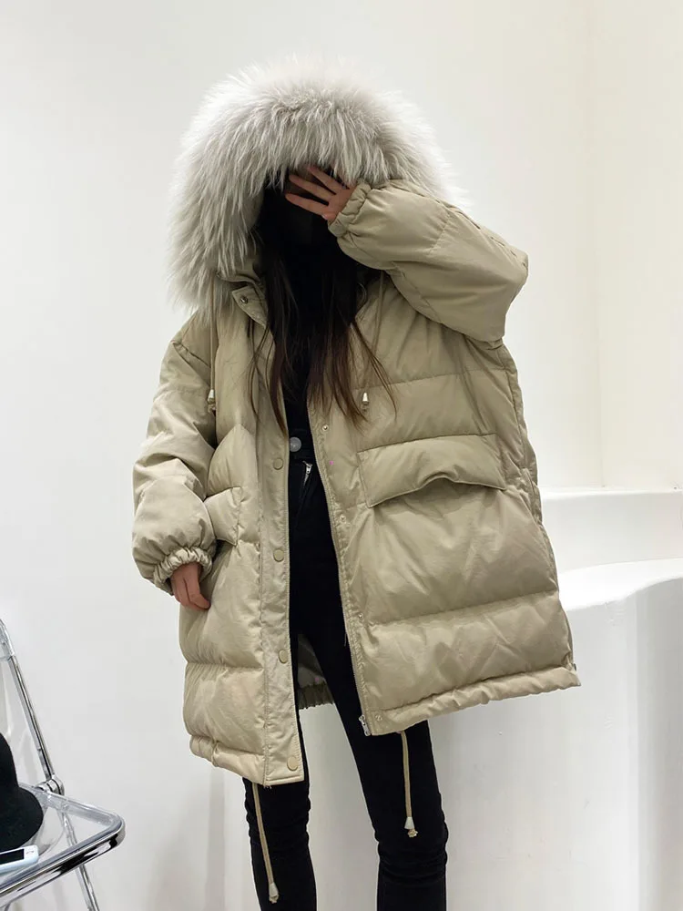 Imagem -03 - Mulheres Inverno para Baixo Jaqueta de Pele de Guaxinim Real Collor Parka Moda 90 Pato para Baixo Cabolsa Feminino Engrossar Quente Outerwear à Prova de Vento Roupas