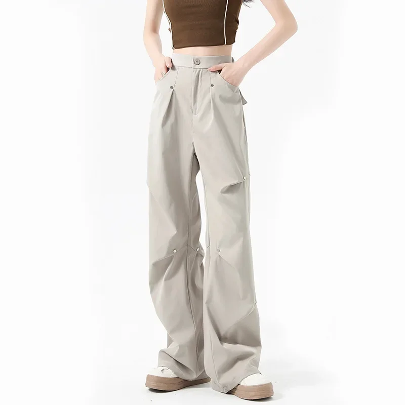 جديد 2025 سراويل البضائع الأمريكية برشام الشارع للنساء سراويل أنيقة فضفاضة واسعة الساق للخريف سراويل رياضية غير رسمية للركض للسيدات