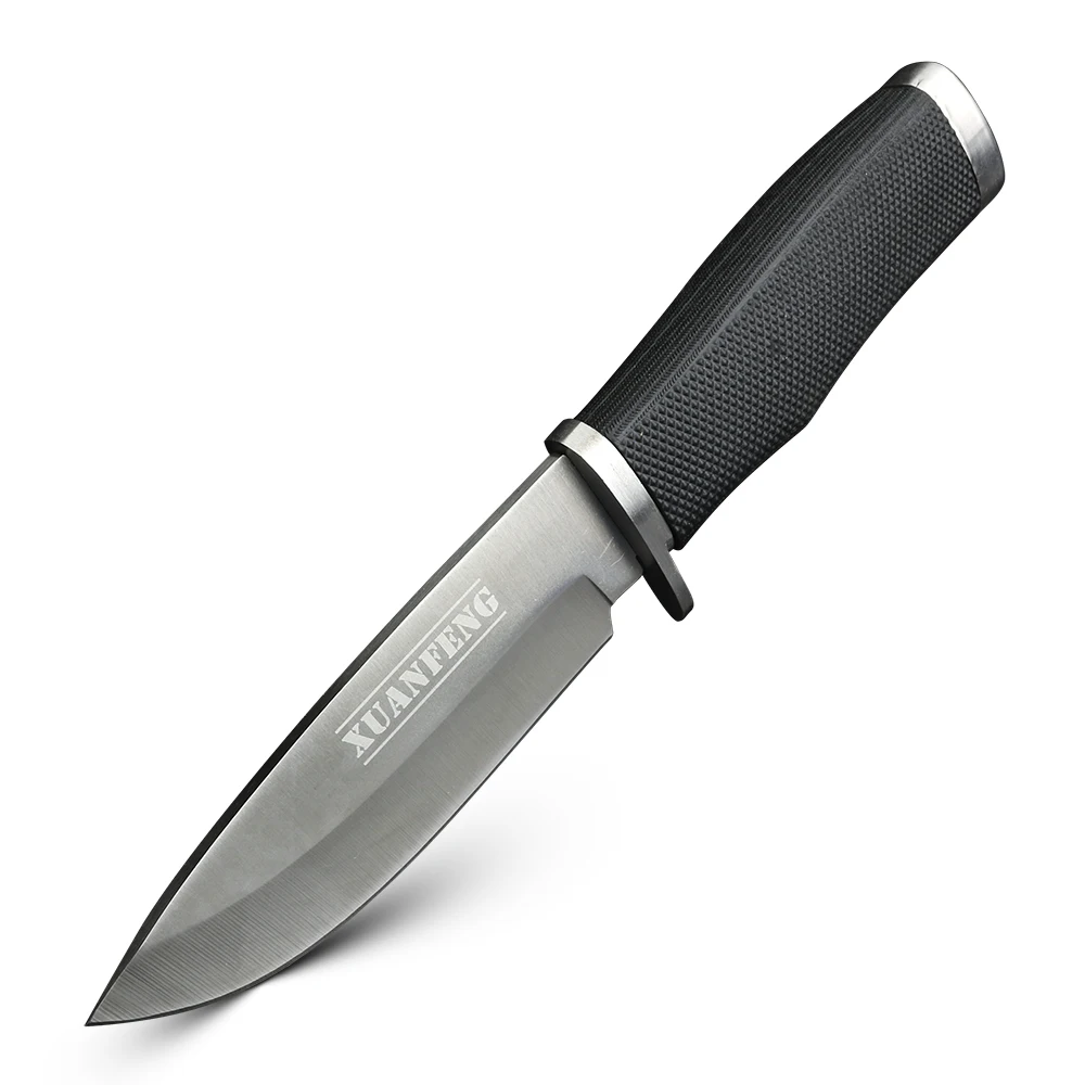 Cuchillo de hoja fija con mango de goma, cuchillo de caza de alta dureza, herramienta EDC multifuncional para acampar