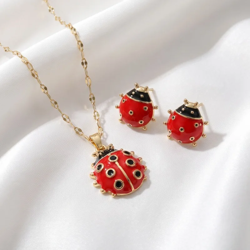 Ladybug style necklace stud earrings set female retro cute insect theme jewelry