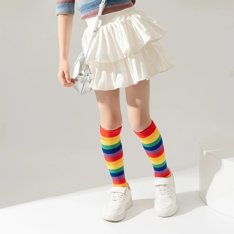 Spring Autumn Children\'s Long Stockings Rainbow Stripped Teen Girls Christmas Cosplay Party Socks Kids Girls Knee High Socks