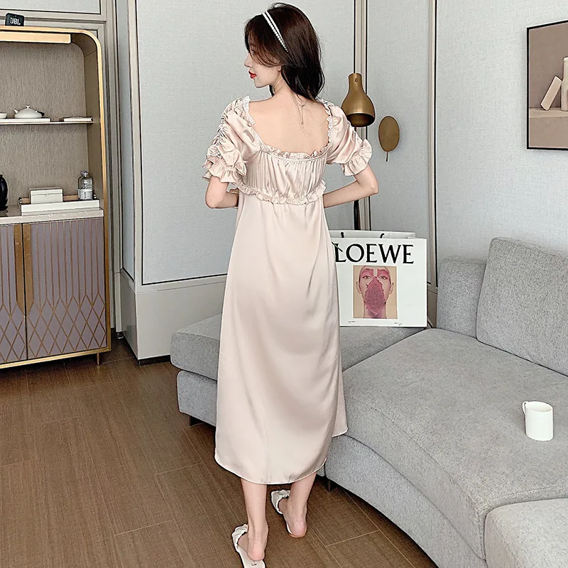 Female Nightgown Elegant Palace Style Princess Long Nightgown Sleepwear Summer Short Sleeve Sleepshirt Satin Silk Home Dress