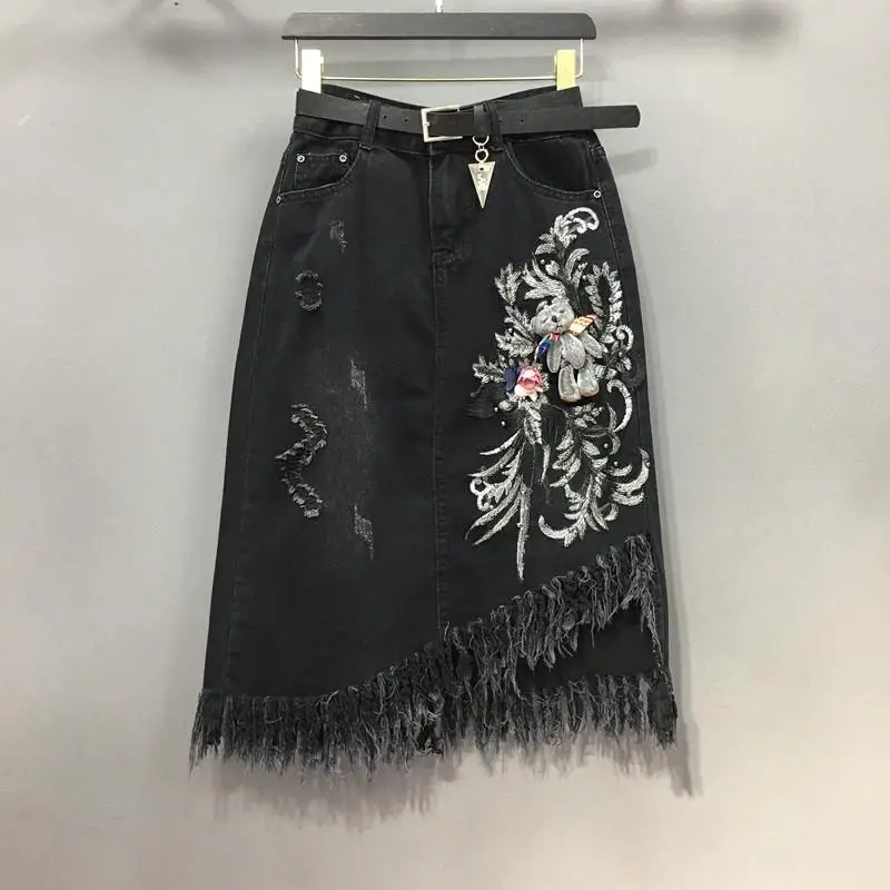 

Women's Mid Length Tassel Skirt, Women's 2025 Summer New Fashionable Nail Bead Embroidered Denim Skirt