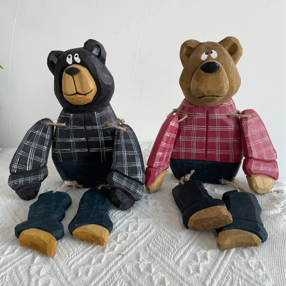 Cute Checkered Black Bear & Red Bear Hanging-Leg Ornaments, Wooden Craft Dolls