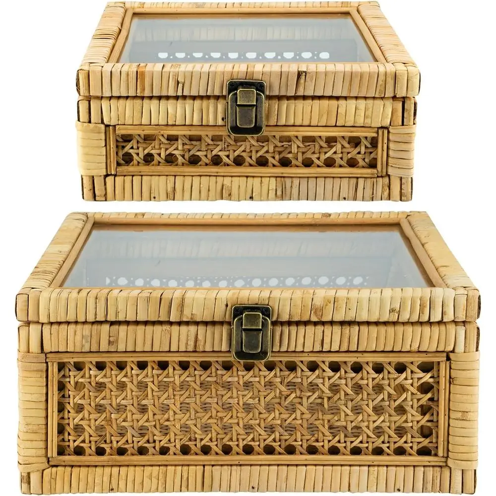 

Квадратная коробка из ротанга с крышкой — набор из двух плетеных декоративных контейнеров со стеклянной крышкой для дисплея
