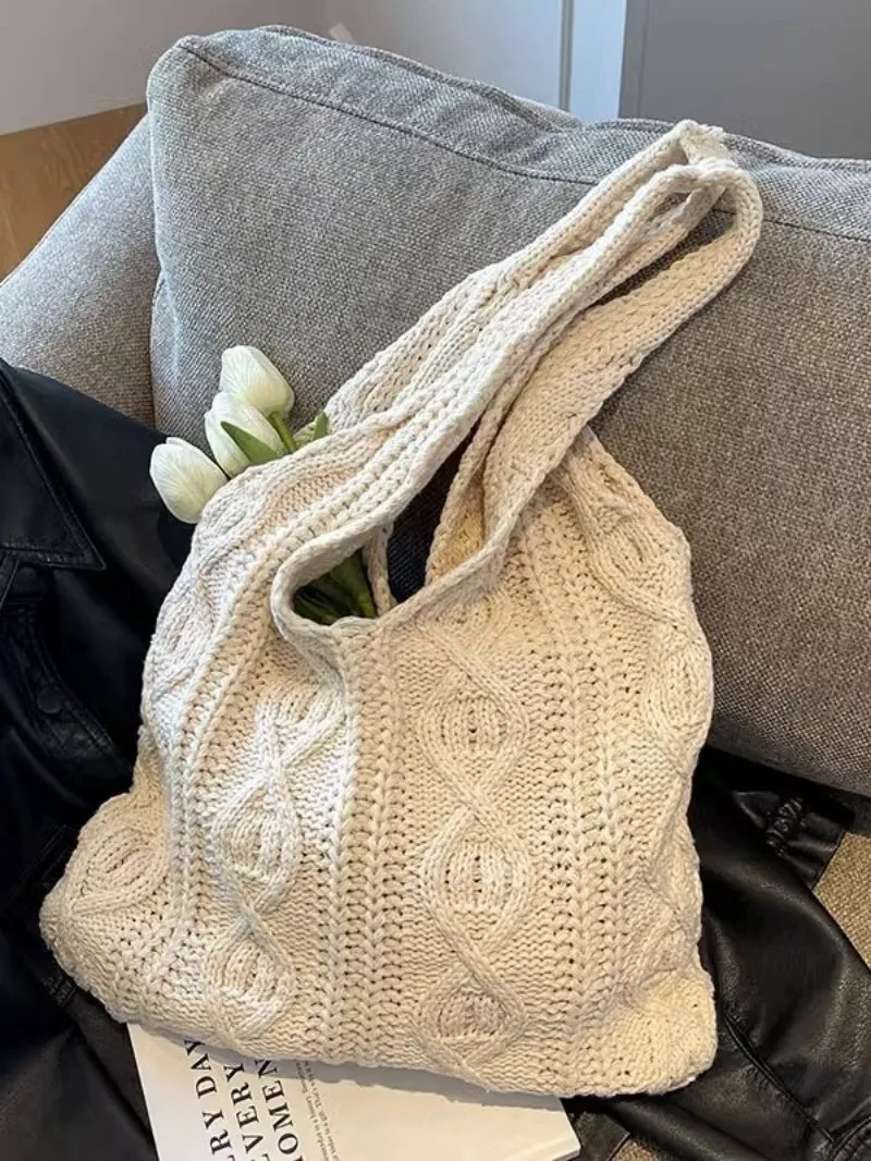 여성용 빈티지 양모 니트 백, 손으로 짠 숄더백, 캐주얼 쇼핑 핸드백, 대용량 여성 크로셰 토트백, 신제품