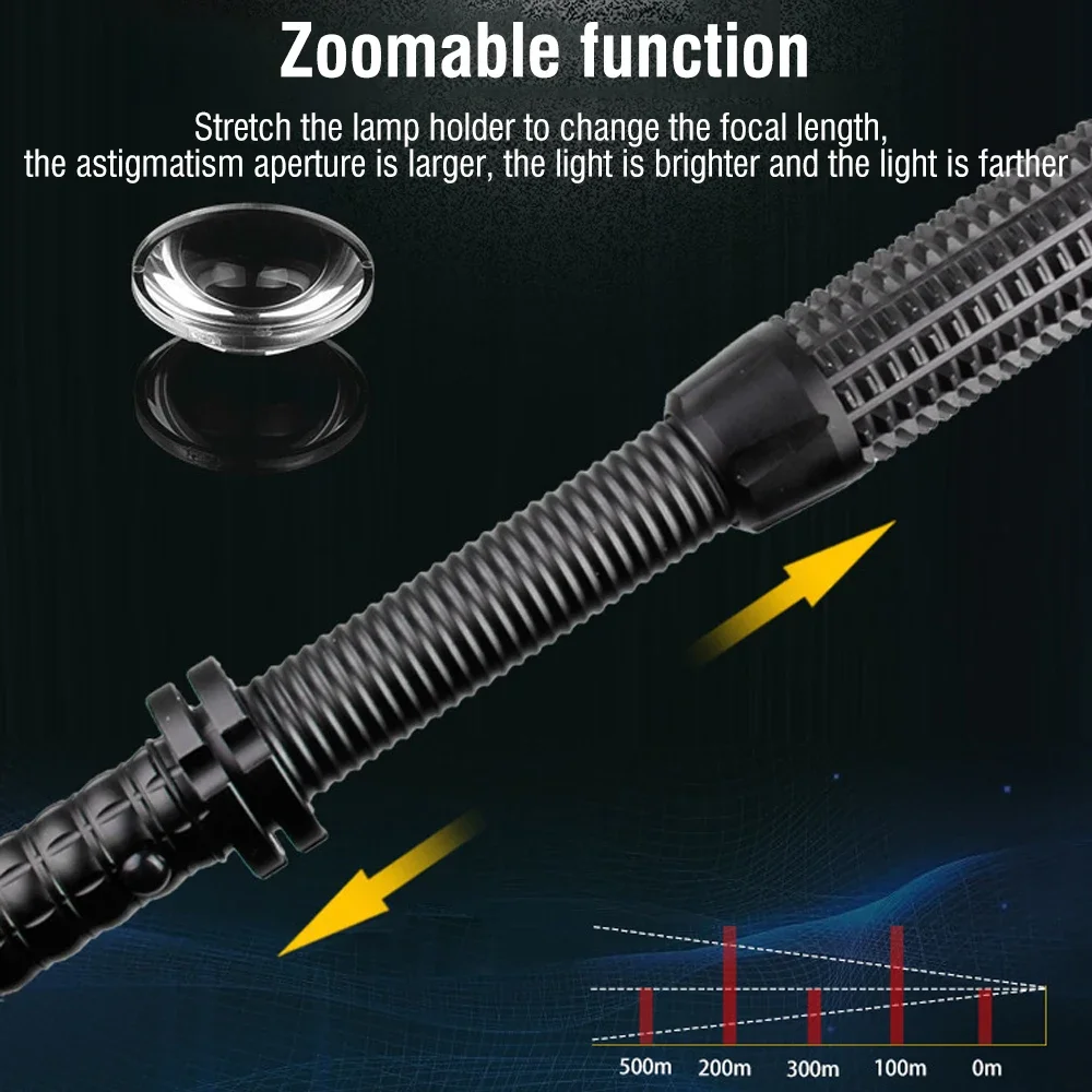 LED Tactical Flashlight Telescopic zoomable 3-Mode Rechargeable Emergency Self-defense Security Police Patrol Emergency Lamp