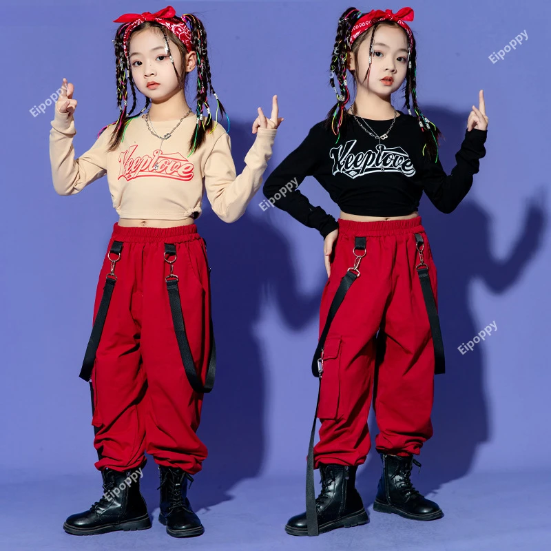 

Hip Hop Girls Tie Up Sweatshirt Street Dance Cargo Pants Child Streetwear Crop Top Joggers Clothes Set Kids Sweet Jazz Costumes