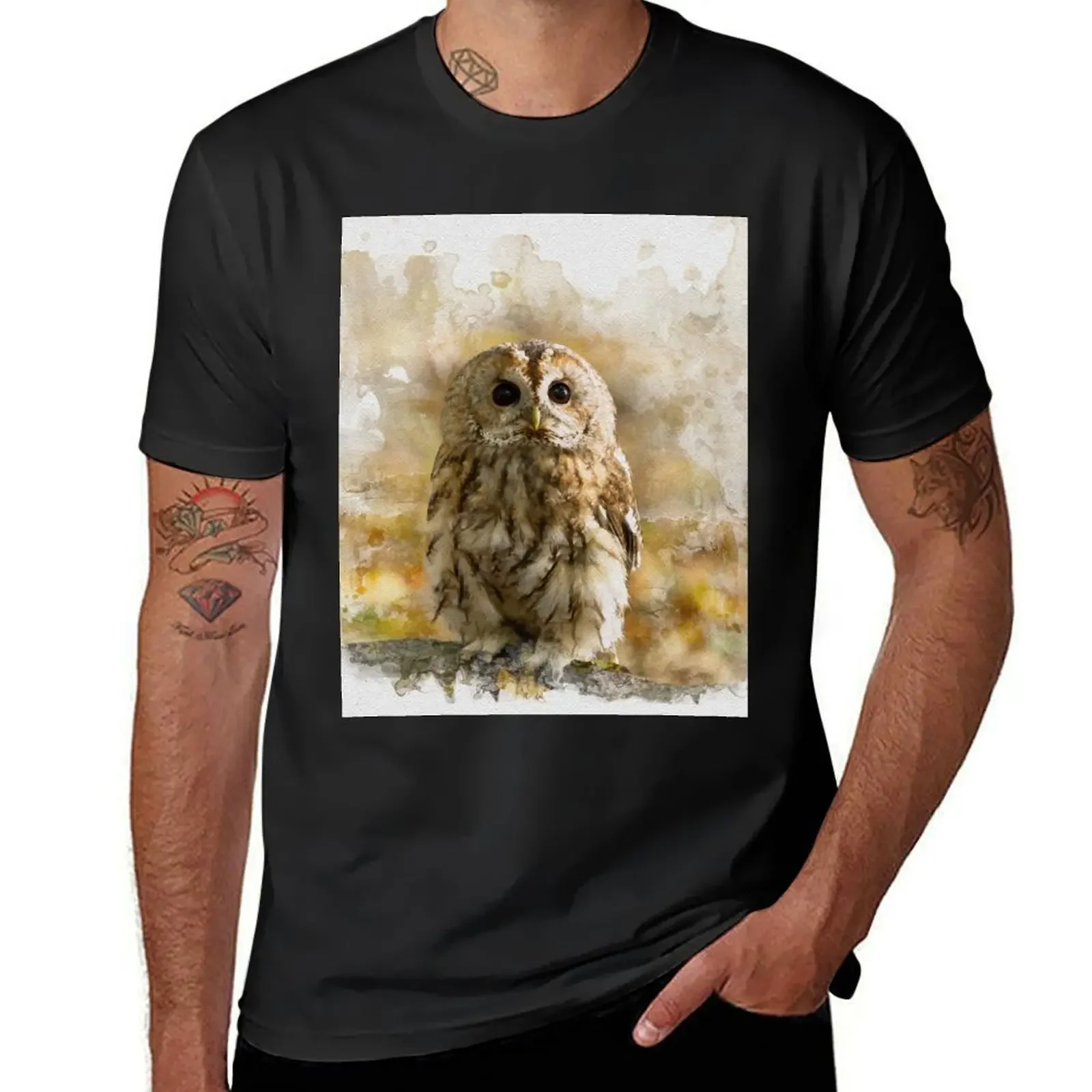 

Tawny Owl Watercolour Photograph. T-Shirt plus sizes anime figures summer clothes men workout shirt