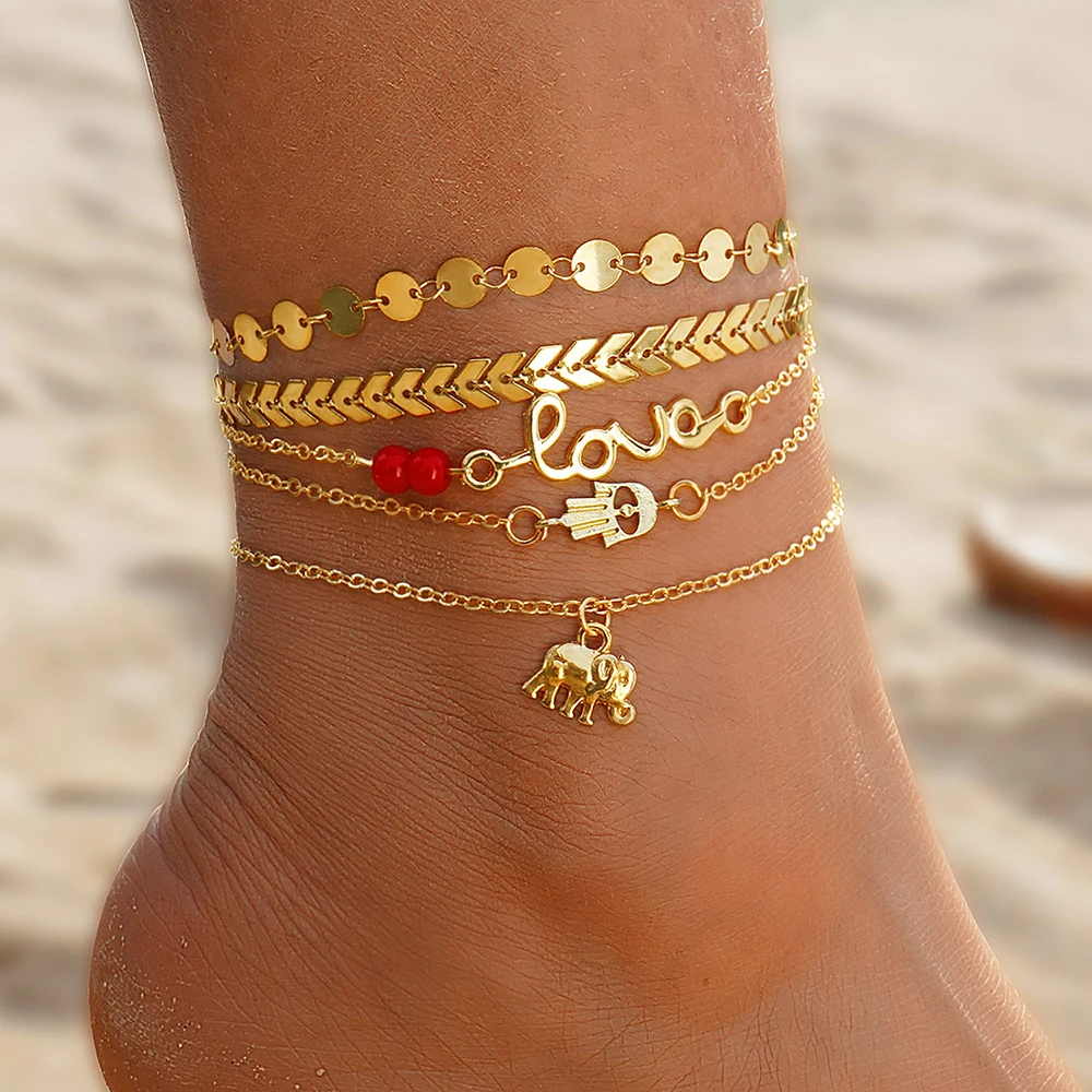 Bohemia Gold Color Snake Ankle Bracelet Set For Women Butterfly Key Lock Charm Multiple Styles Anklet Chain On Leg Boho Jewelry