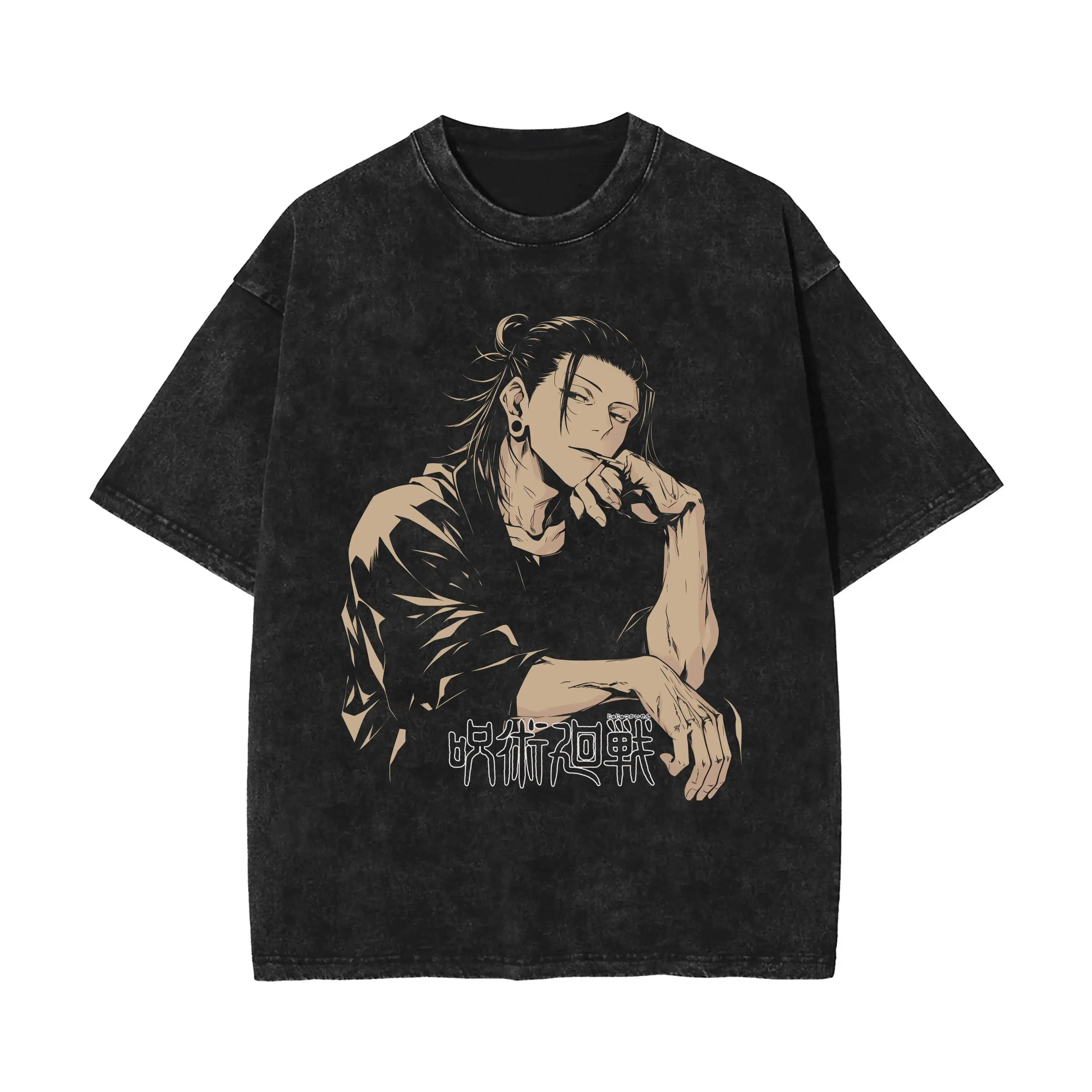 Suguru Geto T-Shirt für Herren Jujutsu Kaisen Vintage Acid Wash Streetwear Übergroßes Retro Japanisches Anime Grafik Baumwoll-T-Shirt
