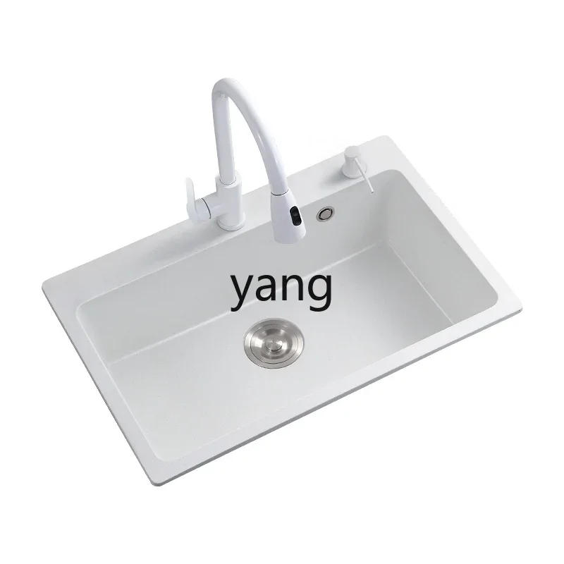 

YJQ Kitchen White Quartz Stone Sink Large Single Sink Vegetable Pot Set Granite Kitchen Counter Up and Down Dishsink