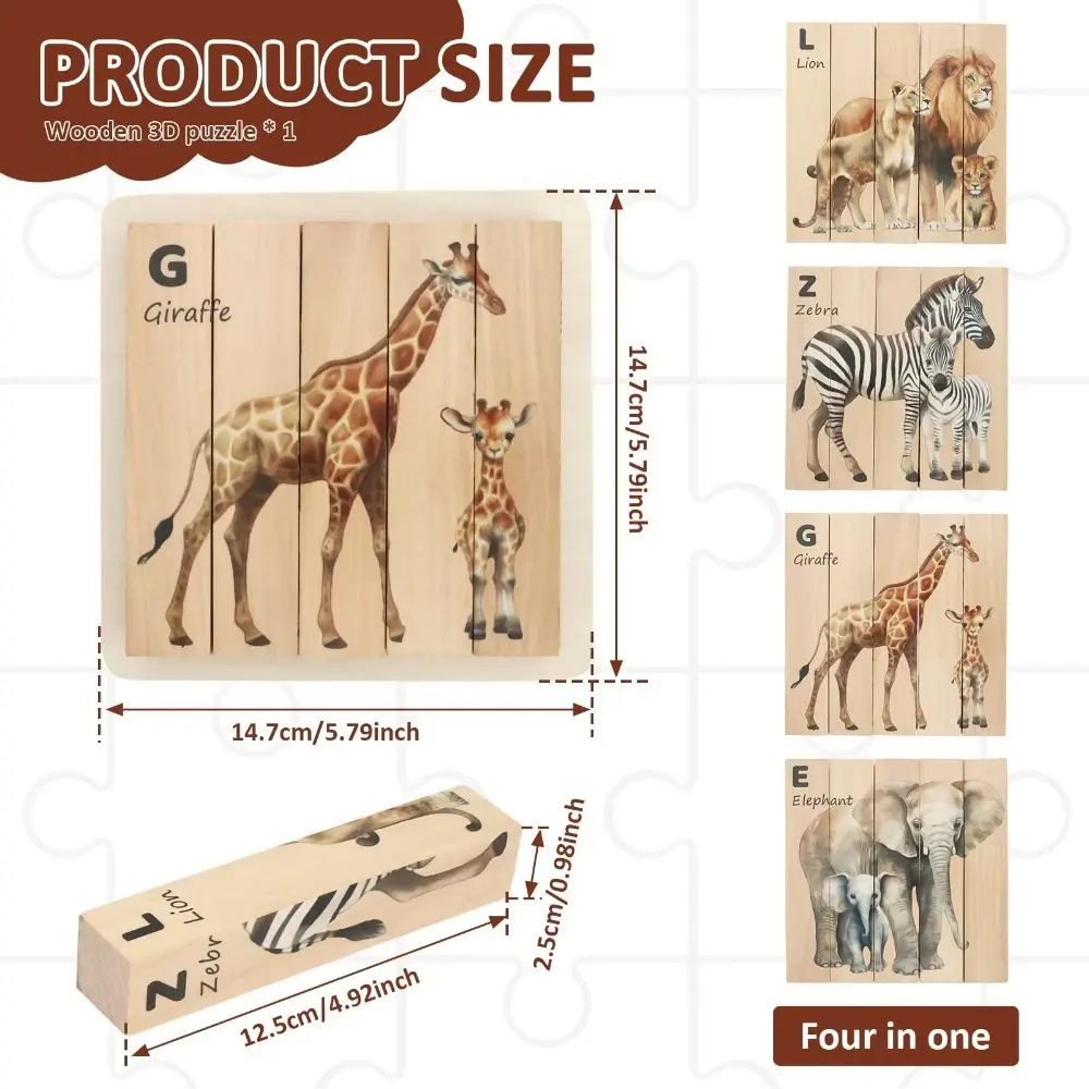 Wooden Wooden Animal Puzzles Educational Montessori Animal Theme Block Puzzle 4 in 1 3D Wooden Rotating Jigsaw Party Favor Gift