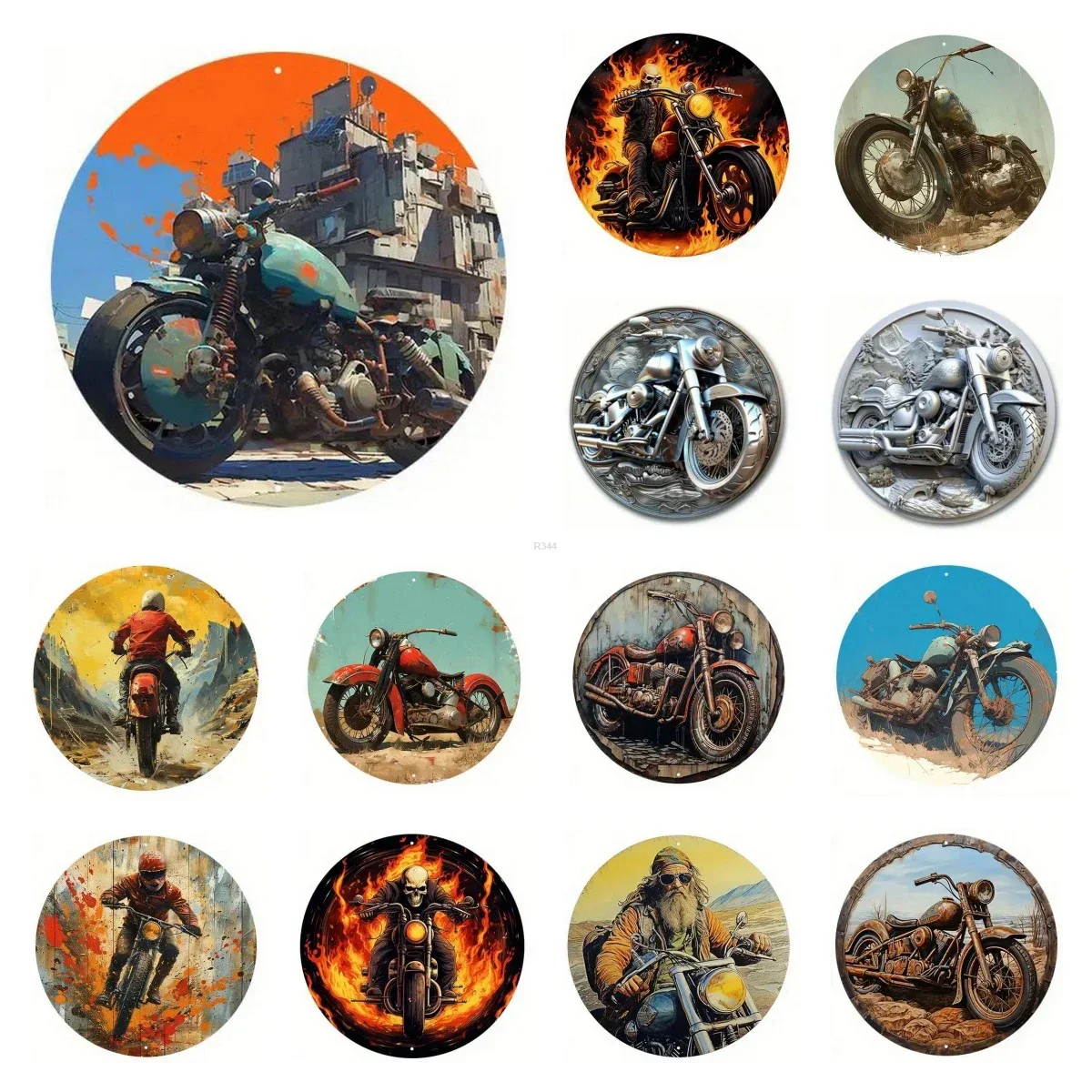 Retro Round Metal Tin Signs 2D Flat Motorcycle Decor Pattern Nostalgic Iron Painting Novelty for Cafe Bar Man Cave Wall Decor