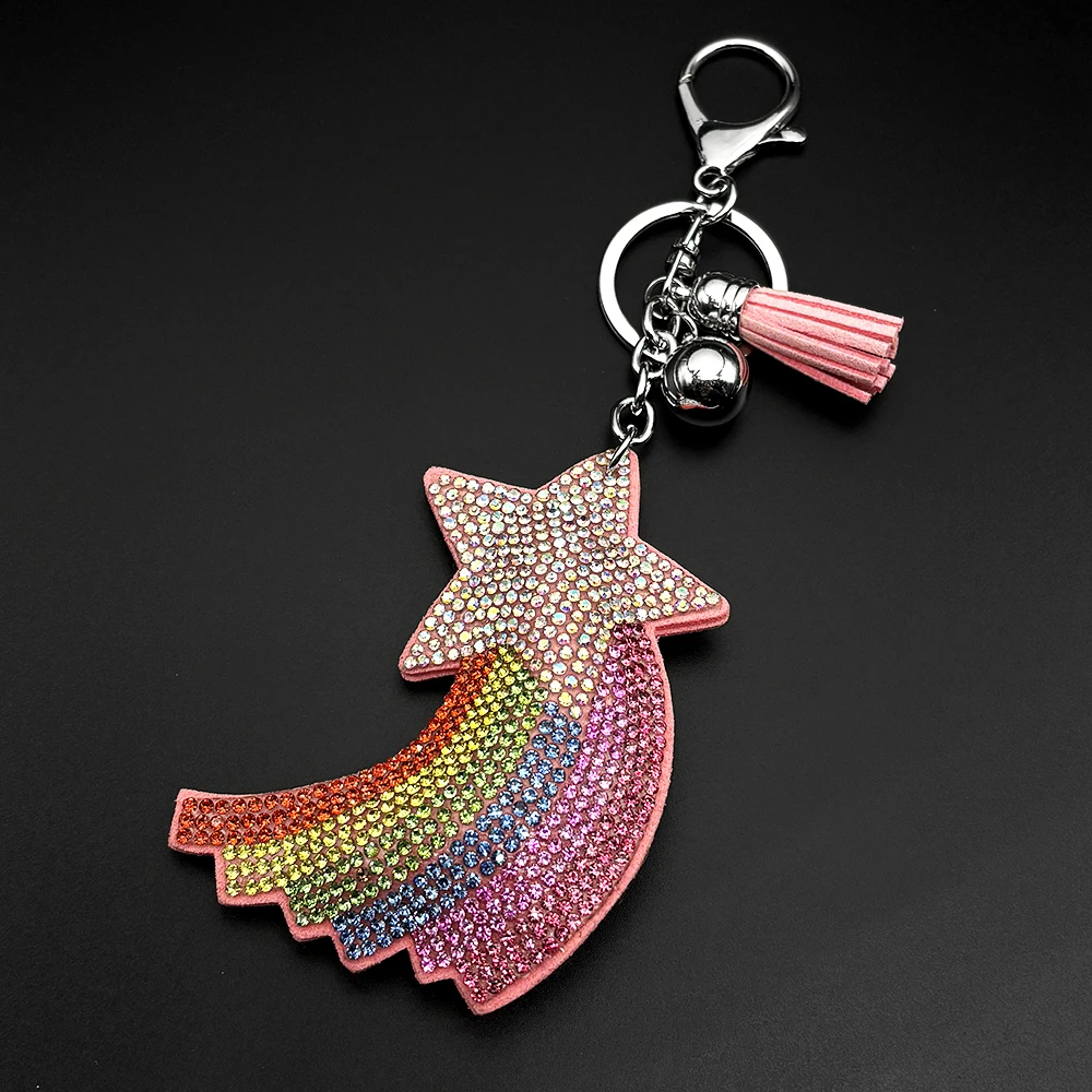 Pink Rainbow Meteor Schlüsselanhänger für Damen und Herren, voller Glitzer, Kristall, modische Rucksack-Dekoration, Schmuckgeschenke – Detail 4