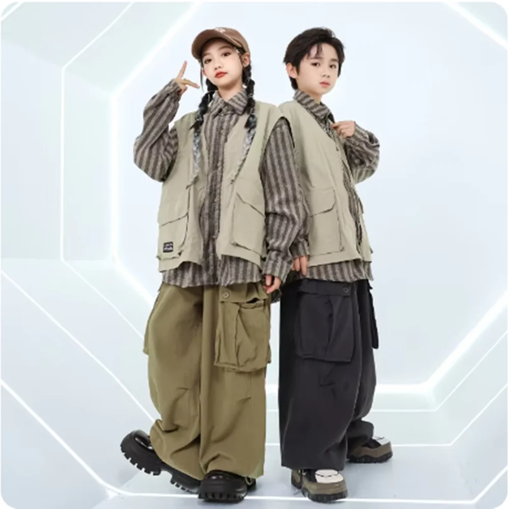 Kids Hip Hop Dance Costume Boy Street Dance Stage Outfit Girls Fashion Kpop Jazz Dancewear Khaki Stripe Shirt Oversize Pants yk view 2