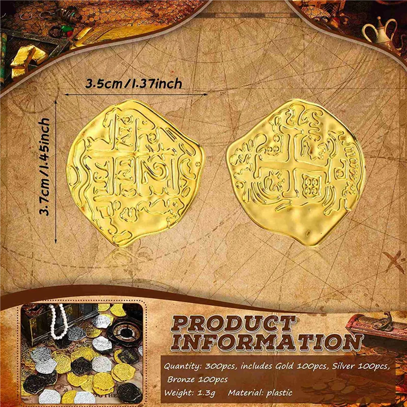 B78B-900 pçs moedas de ouro plástico moedas pirata crianças jogar moedas para festa pirata tesouro baú jogos tokens cosplay