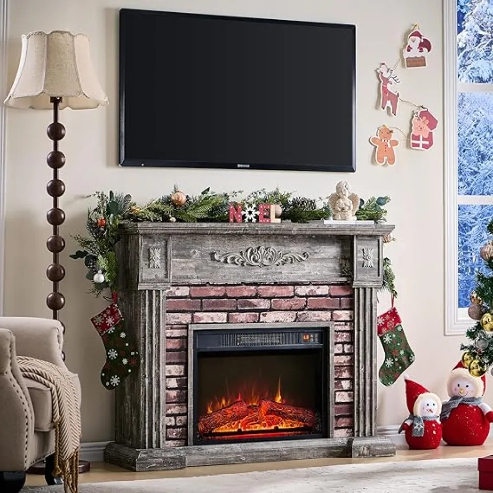 

43" Electric Fireplace with Mantel, Electric Fireplace Heater, TV Stand w/Freestanding Electric Fireplace,Stacked Stone Surround