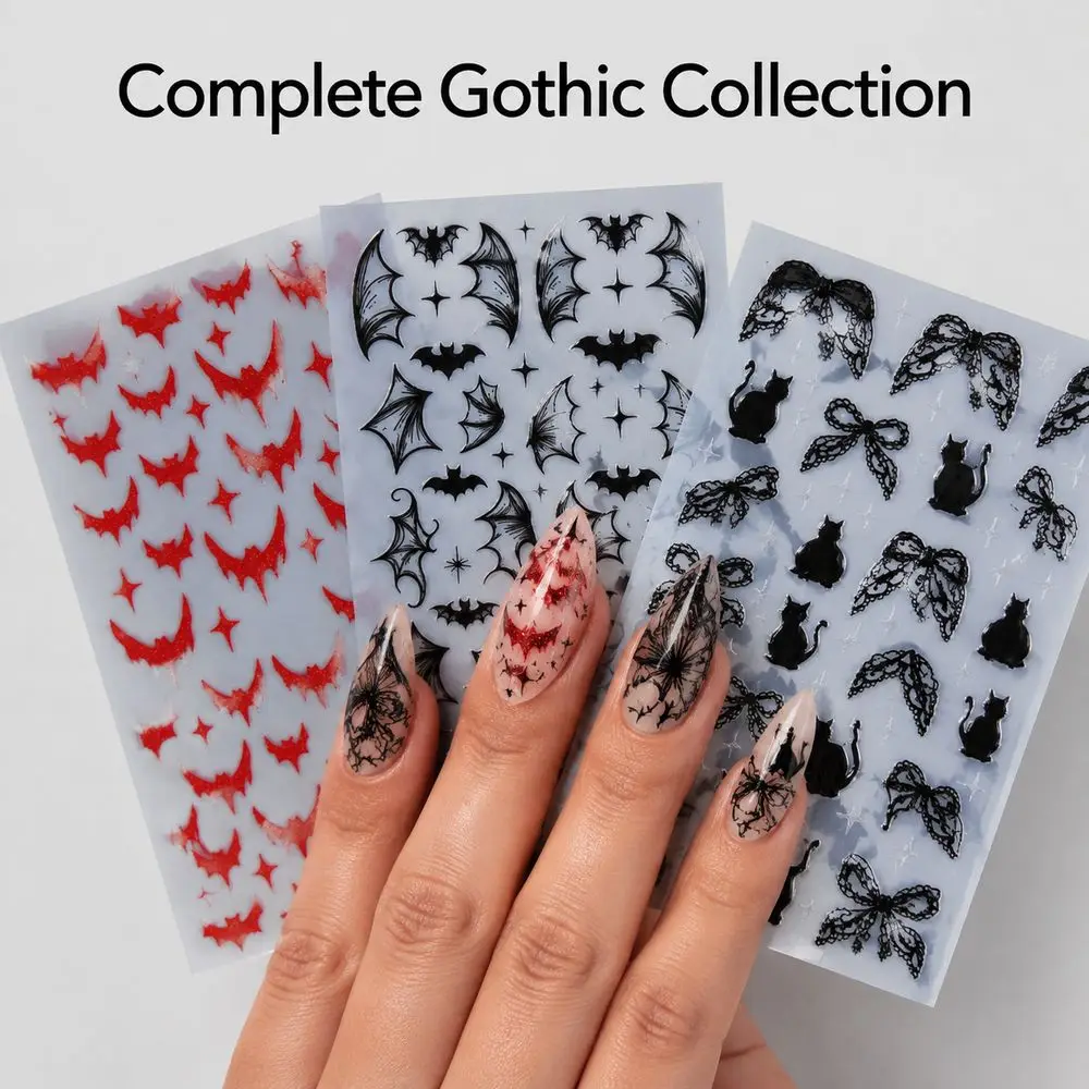 1Pc Portable Single Sheet Witchy Nail Stickers 3 Styles Red Glitter Bat Black Cat Lace Bow Travel DIY Nail Tool