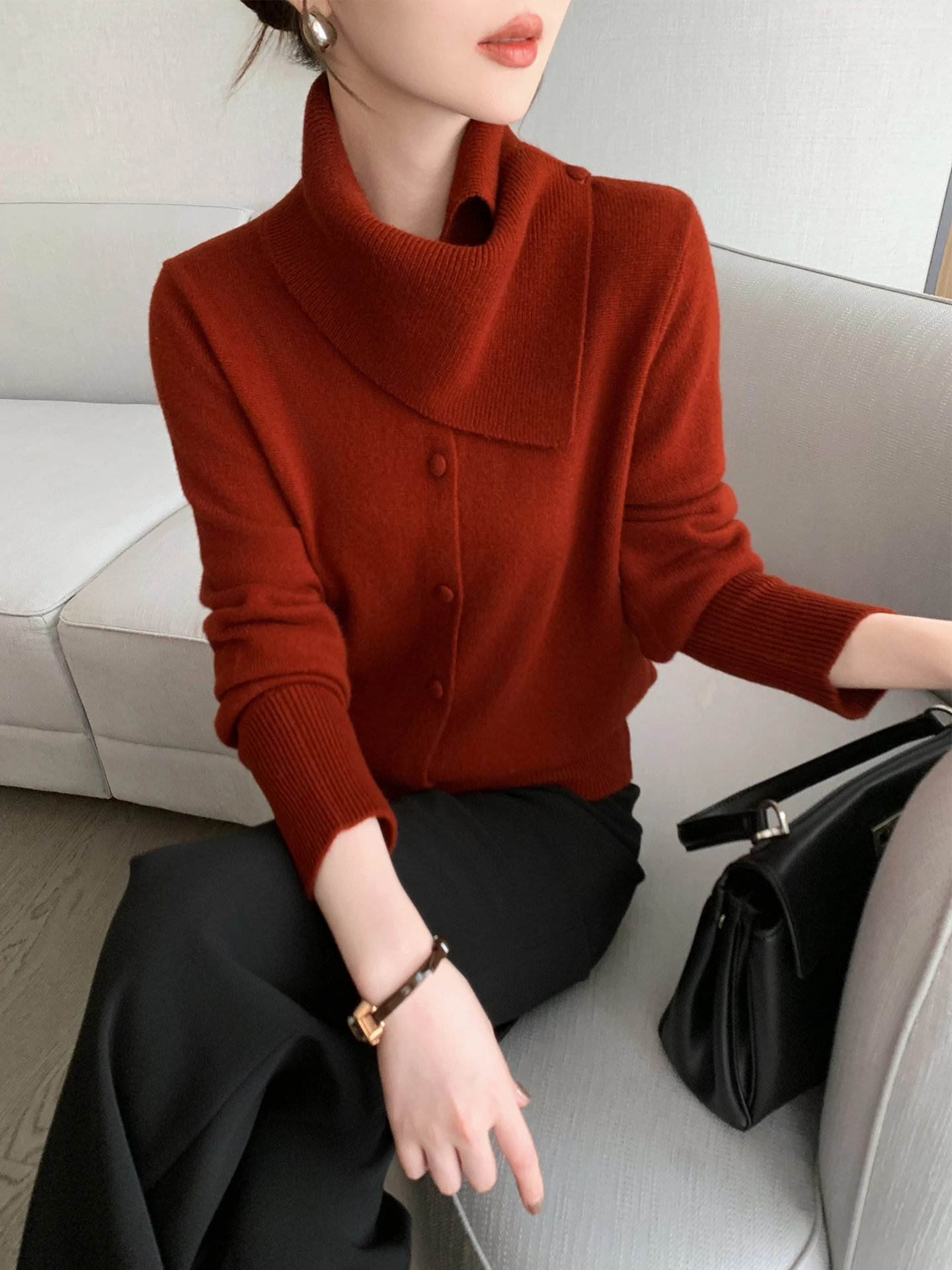 

Red Asymmetrical Knitted Open Cardigan Women's Winter Faion Inner Wear Outerwear Sweater High Collar Long Sve Regular Fit