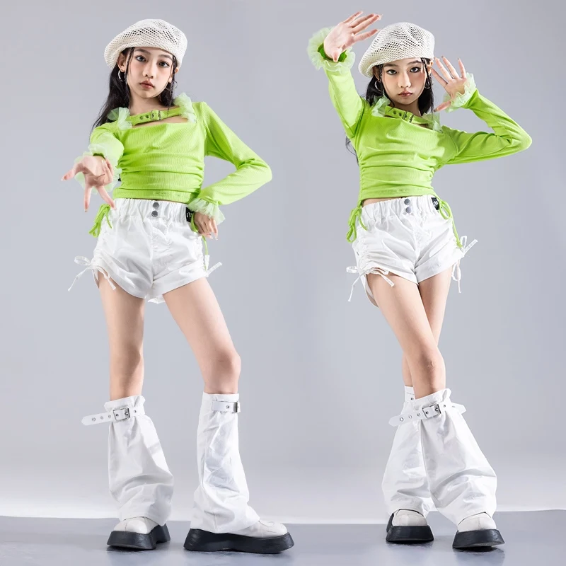 Nieuwe Street Dance Meisjes Groep Kleding Jazzdans Lange Mouw Trekkoord Top Shorts Pak Hiphop Outfits Schoen Kleding DQL9991