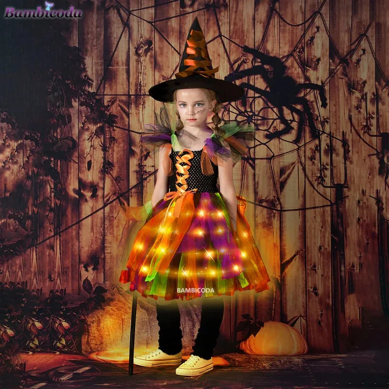 

Disguise Girls Witch Costume LED Light Up Dress Kids Halloween Fancy Tutu Dress for Cosplay Party Outfit Carnival Clothes