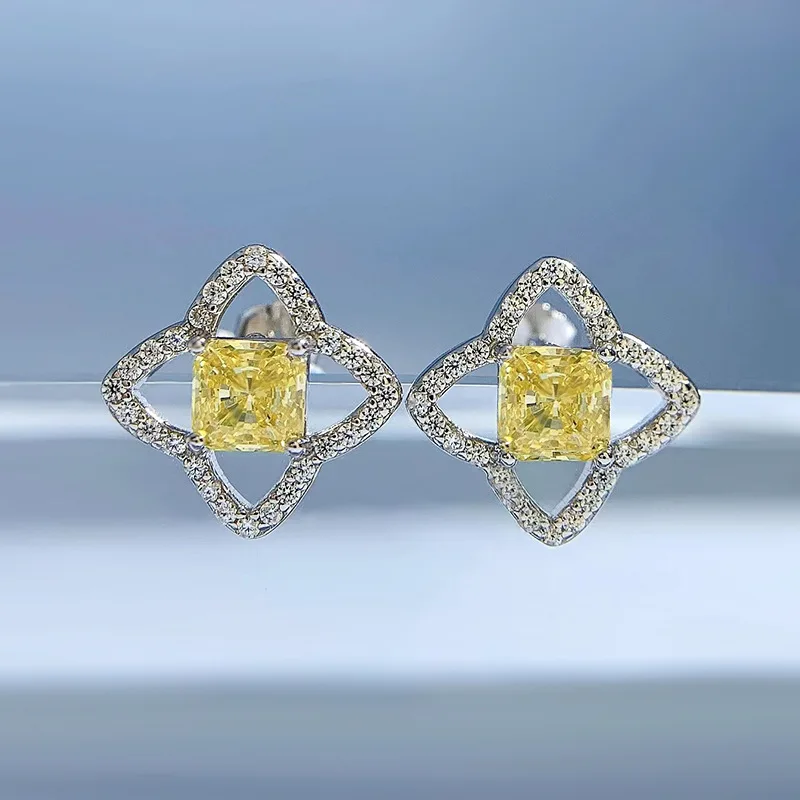 European and American S925 pure silver micro inlay 5 * 5 yellow diamond luxury full diamond classic small fragrant style earring