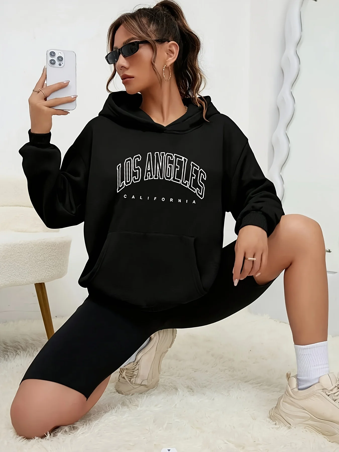 Los Angeles Print Women\'s Hooded Fleece Sweatshirt Brand New Autumn/Winter Sweater Jacket Women\'s Casual Sports Solid Color