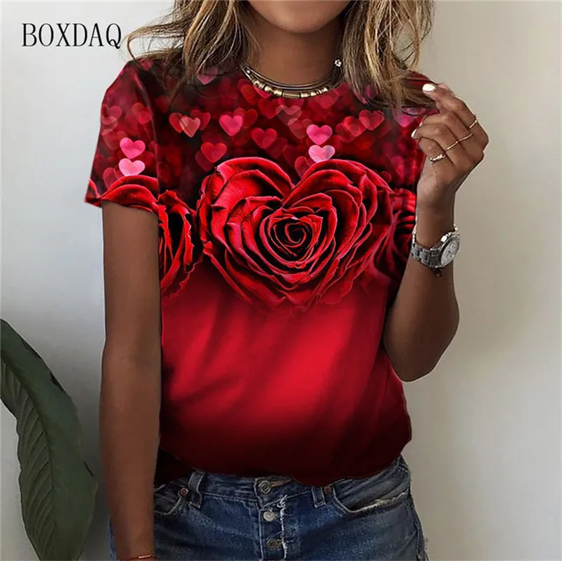 Love Heart Floral Pattern Women Fashion T-Shirts Summer Short Sleeve 3d Print Street Trend Ladies Tees 3XL Plus Size Casual Tops
