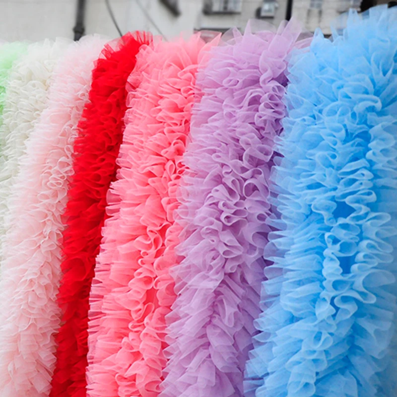 1M Pink White Blue Baby Puff Skirt Fabric 3D Mesh Pleated Ruffled Tulle Trim Girl Dress Doll Clothes Sewing Lace Diy Craft New