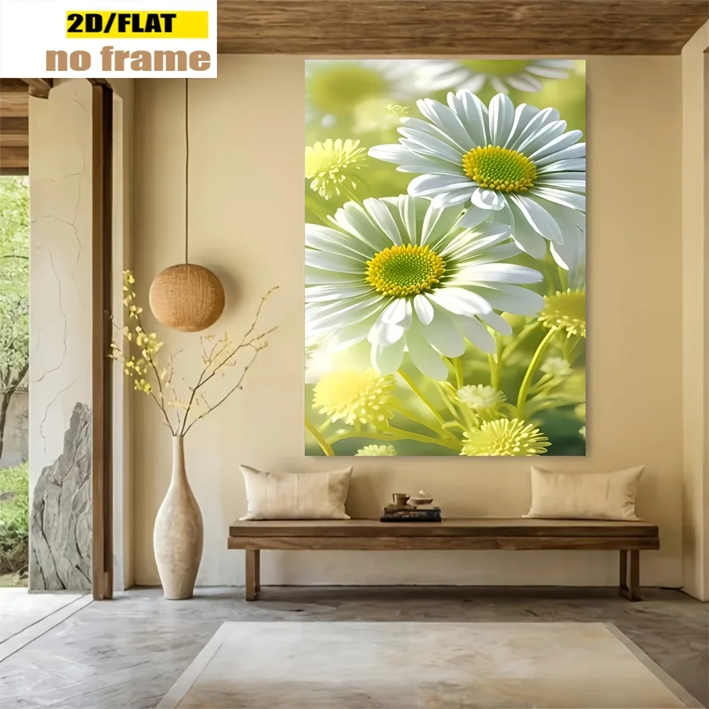 2D Flat, 1pc Frameless  Canvas Painting White Daisy Flowers with Yellow Centers on Soft Green Background, Holiday Decor, Bath