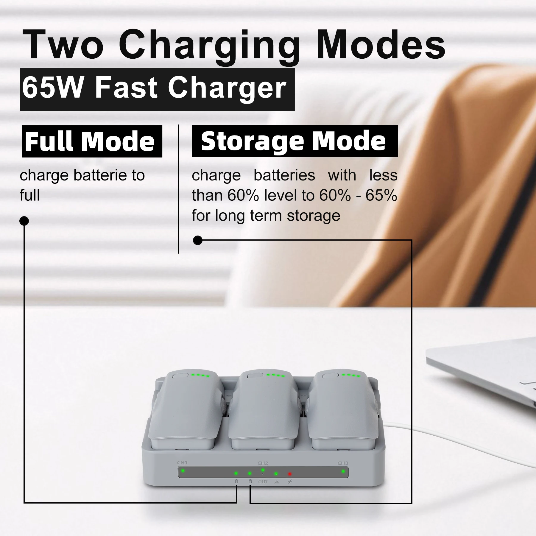 3-Ports Battery Charger for DJI Neo 2 Drone, 65W Two-Way Charging Hub with Charge Cable,Fast Charging for Neo2 Battery Accessory