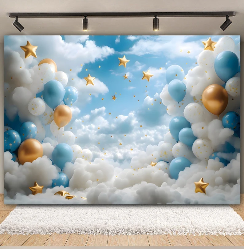 Newborn Baby Birthday Party Photography Backdrops Moon Stars Blue Clouds Baby Shower Cartoon Background Decor Photo Studio Props