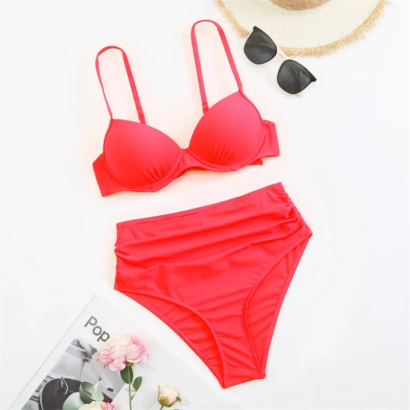 

Сексуальное бикини с высокой талией 2025, женский купальник с эффектом пуш-ап, женский купальник, красный купальный костюм для плавания, летняя пляжная одежда