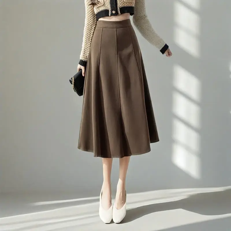 

New 2025 Autumn Winter Elegant Faux Woolen Skirts Women High Waist Loose A-Line Midi Skirt Casual Stitching Pleated Skirts